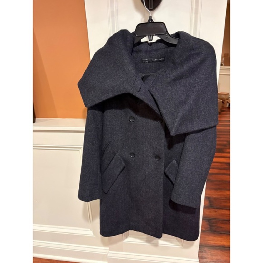 Zara Basic Women Dark Gray Double Breasted Shawl Collar Wool Blend Coat‎ Size M